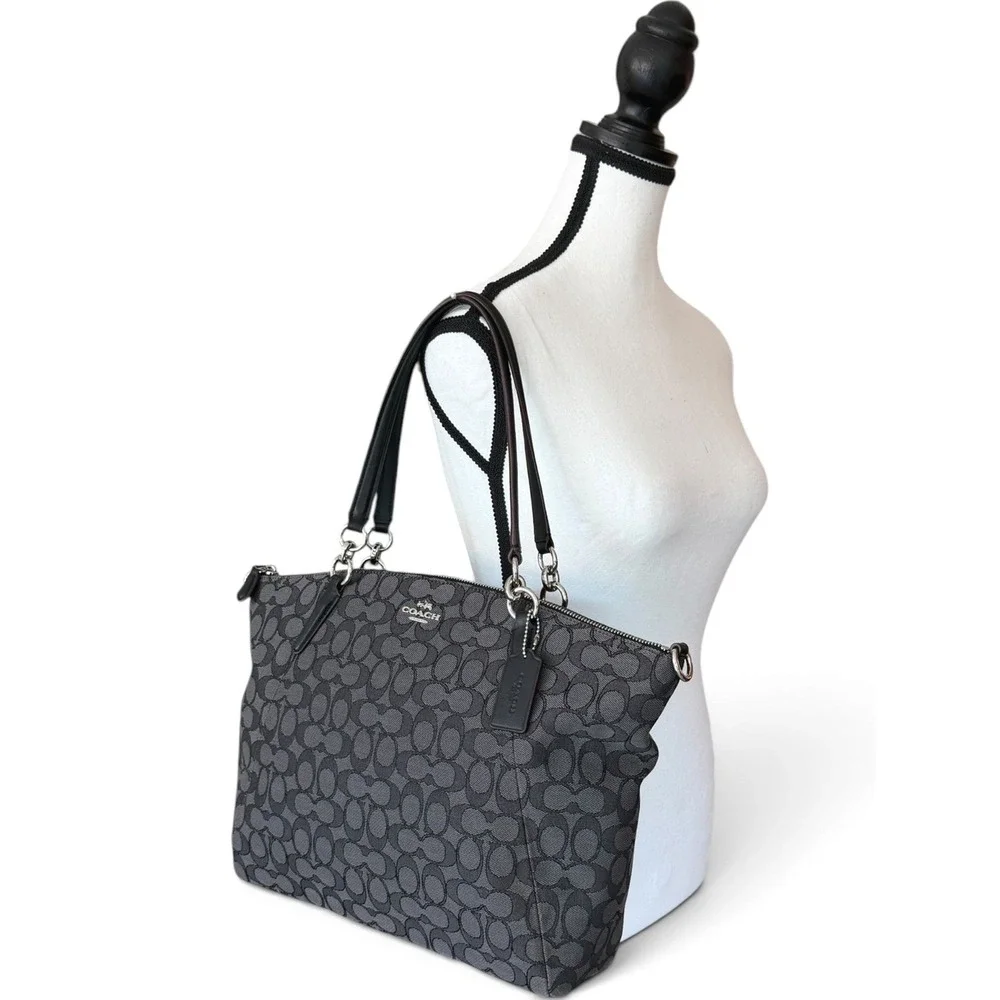Coach Signature Canvas Tote Black Gray Zip Top Shoulder Bag Crossbody Strap - Picture 8 of 13